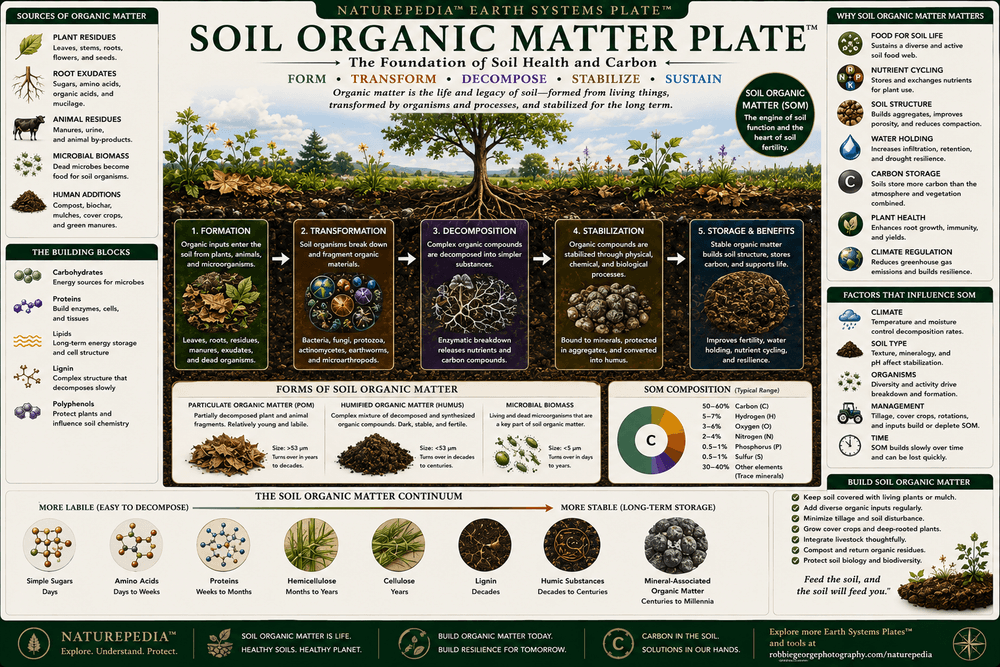 Soil Organic Matter Plate showing plant residues, decomposition, microbes, fungi, organic matter formation, nutrient cycling, soil health, biodiversity, and long-term carbon storage.