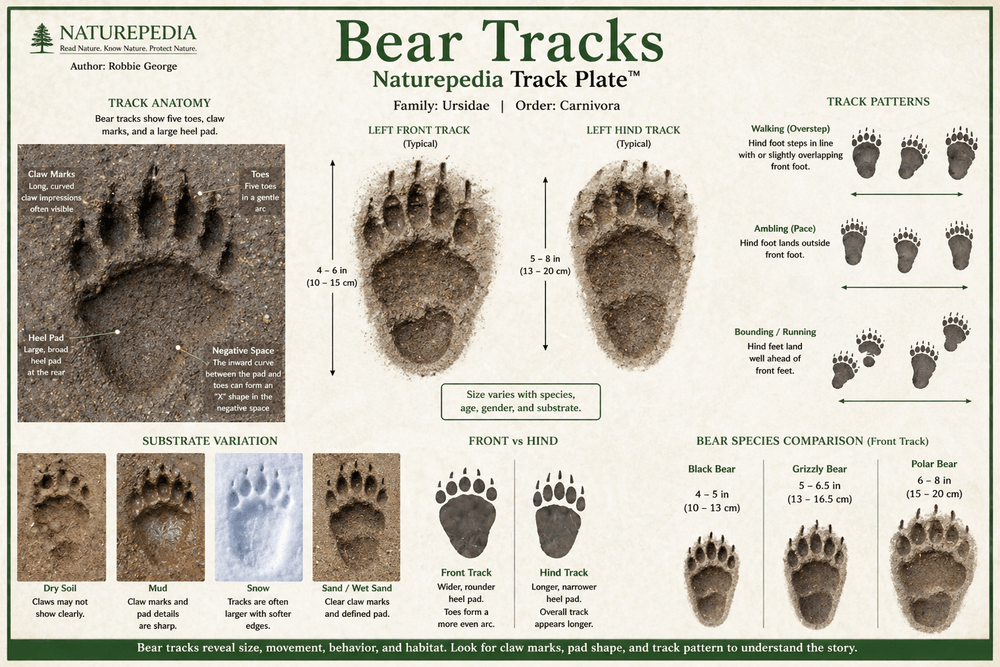 Bear track identification showing five toes, visible claw marks, large heel pad, and species comparison between black bear, grizzly bear, and polar bear — Naturepedia Track Plate by Robbie George
