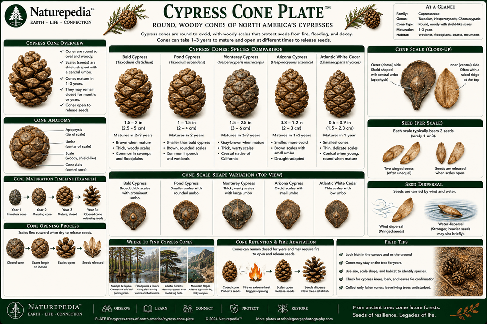 Cypress Cone Plate showing rounded woody cones, cone scales, seed release, reproductive structure, species variation, and wetland forest regeneration by Robbie George