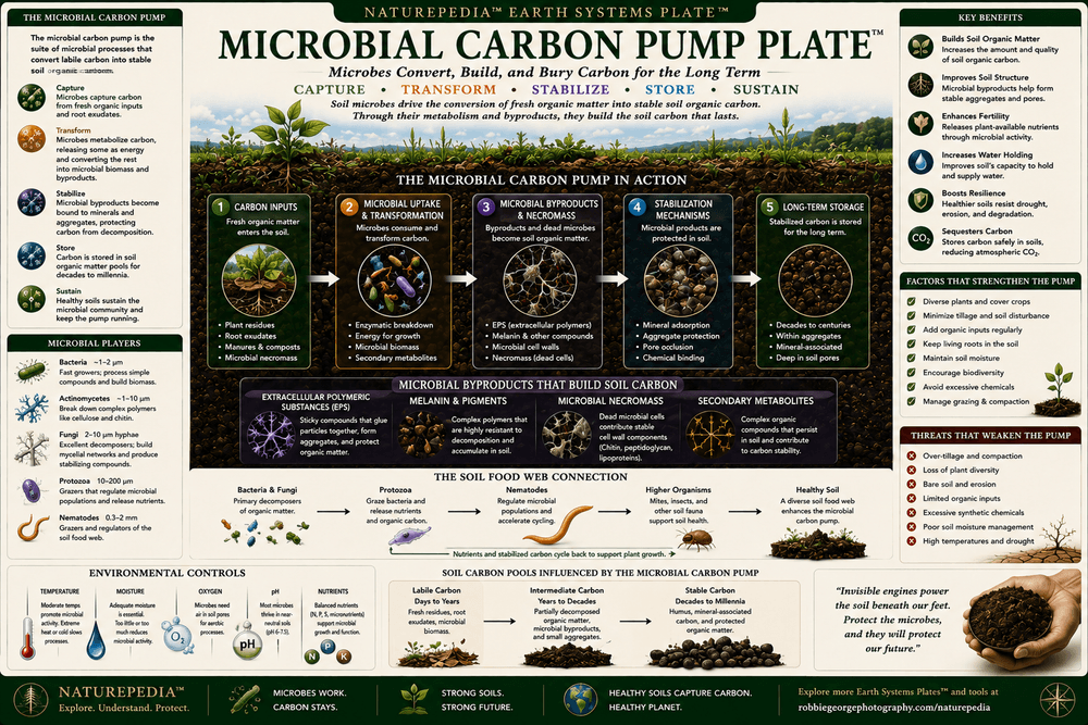 Microbial Carbon Pump Plate showing soil microbes, microbial biomass, microbial necromass, root exudates, decomposition, stabilized soil carbon, nutrient cycling, and long-term carbon storage.