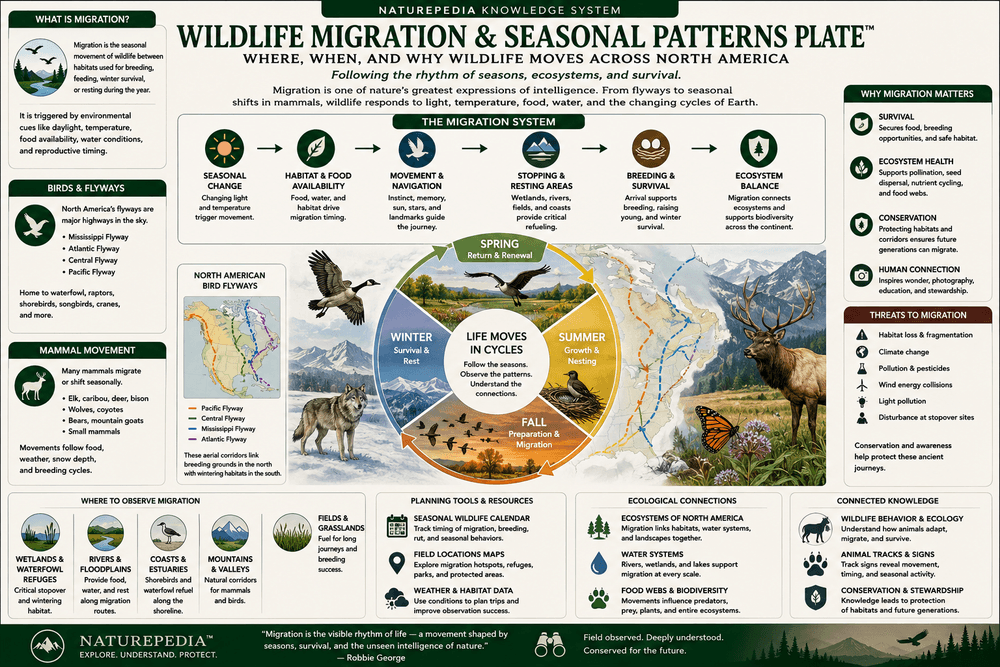 Wildlife Migration & Seasonal Patterns Plate showing flyways, seasonal movement, migration systems, ecological timing, and wildlife adaptation across North America