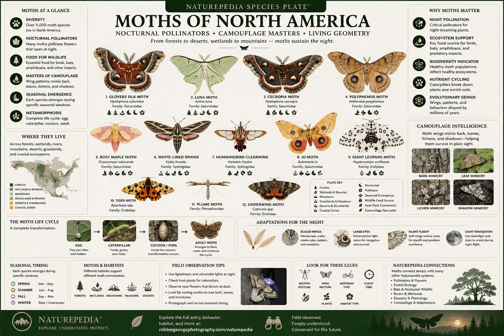 Moths of North America System Plate showing silk moths, sphinx moths, camouflage systems, nocturnal pollination, life cycle stages, seasonal emergence, habitat diversity, and Naturepedia ecological relationships by Robbie George