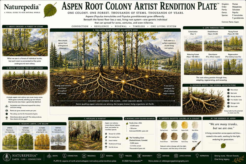 Aspen Root Colony Artist Rendition Plate showing white aspen trunks above ground, connected root systems below ground, clonal colony growth, regeneration, resilience, and forest unity by Robbie George