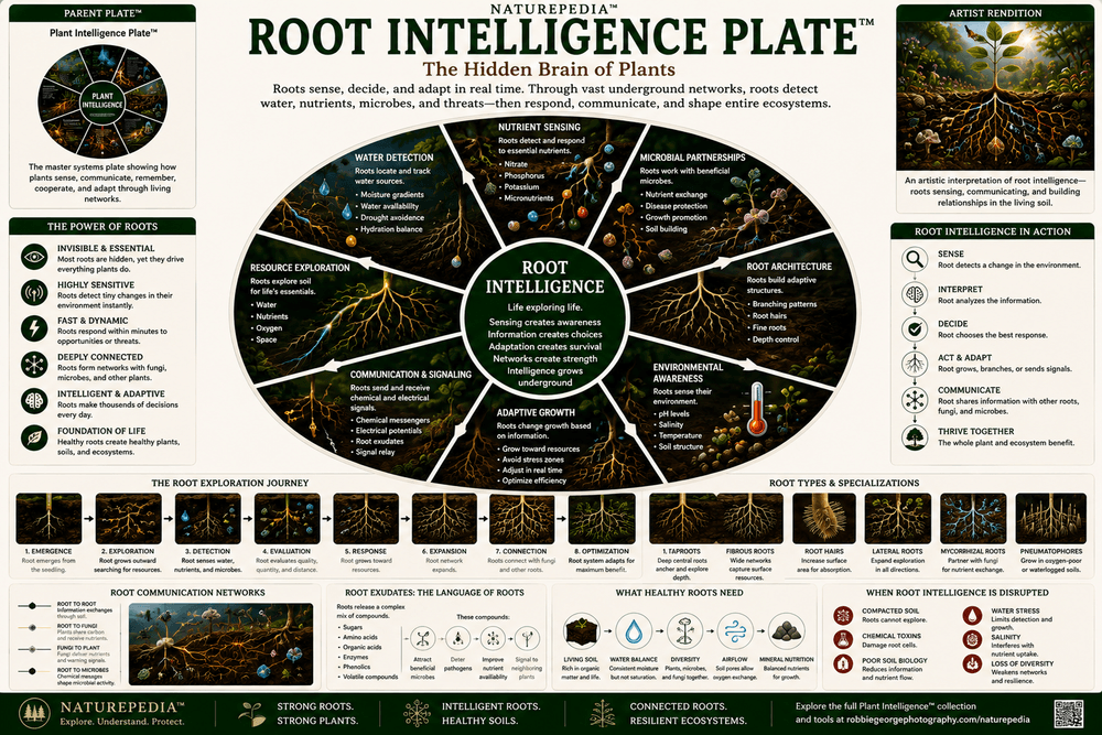 Root Intelligence Plate showing root exploration, nutrient sensing, moisture detection, root architecture, fungal partnerships, adaptive growth, and underground plant intelligence