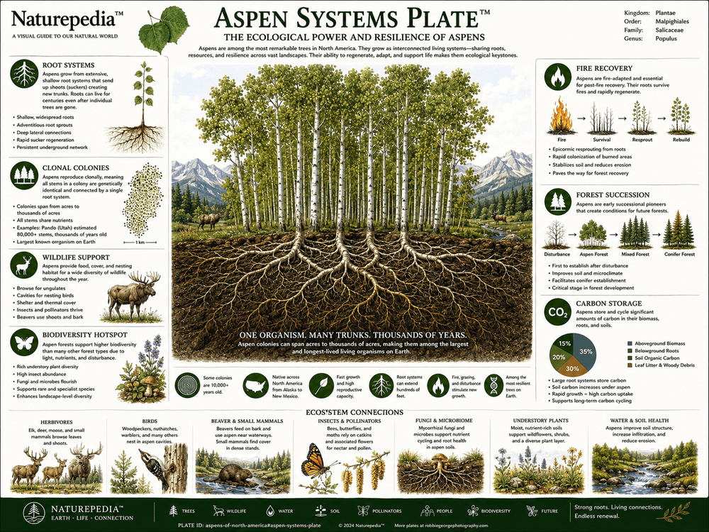 Aspen Systems Plate showing aspen identification, clonal colonies, root systems, wildlife relationships, biodiversity, forest succession, wildfire recovery, and carbon storage by Robbie George