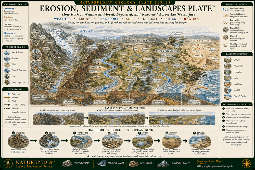 Erosion, Sediment and Landscapes Plate showing mountain weathering, rainfall, surface runoff, river erosion, canyon formation, sediment transport, floodplains, deltas, groundwater, glacial erosion, moraines, wind-shaped dunes, coastal cliffs, wave erosion, beaches, landslides, deposition, and long-term landscape change.