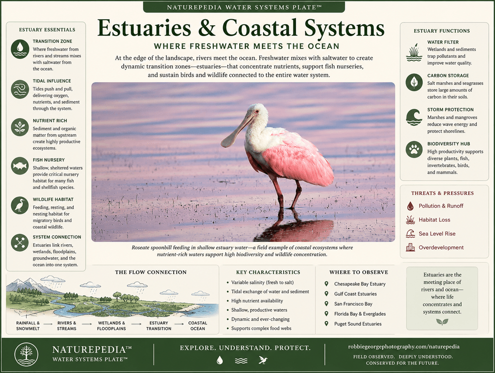 Estuaries and Coastal Systems Plate showing freshwater meeting saltwater, tidal influence, wetlands, fish nursery habitat, biodiversity, wildlife habitat, and Naturepedia water system connections by Robbie George