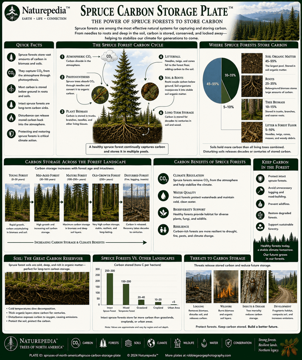 Spruce Carbon Storage Plate showing spruce biomass, trunks, branches, needles, roots, forest litter, peatlands, cold soils, slow decomposition, boreal carbon reservoirs, and climate regulation by Robbie George