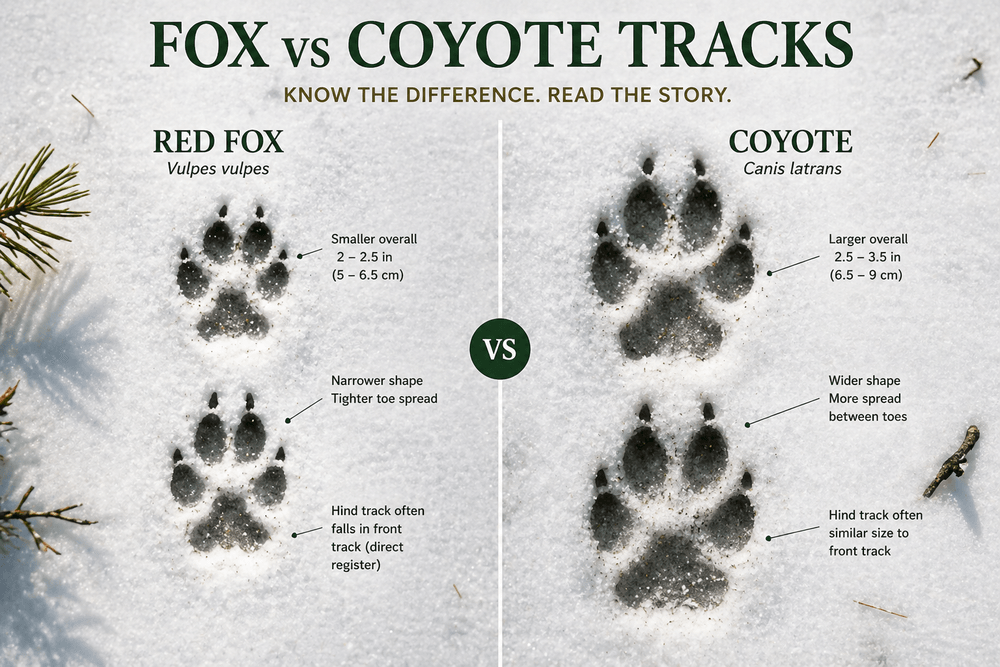 Fox vs coyote tracks comparison showing differences in size, shape, and track pattern in snow — Naturepedia by Robbie George