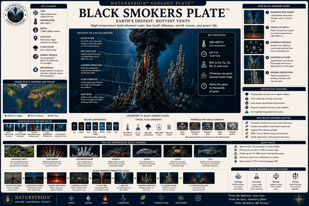 Black Smokers Plate showing hydrothermal vent chimneys, sulfide deposits, mineral-rich plumes, vent communities, and deep-sea geology