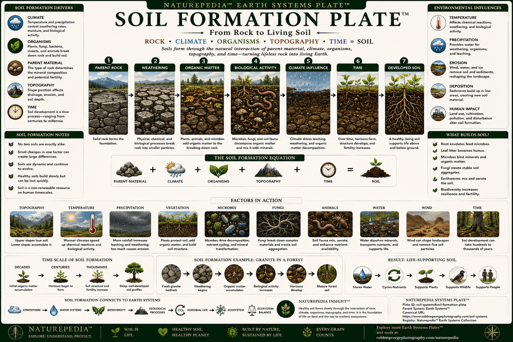 Soil Formation Plate showing parent rock, weathering, organic matter, biological activity, climate, topography, and time creating living soil
