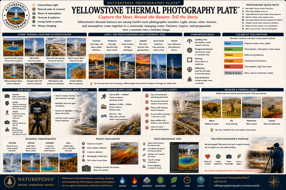 Yellowstone Thermal Photography Plate showing steam, sunrise light, winter geothermal scenes, thermal colors, boardwalk compositions, wildlife, and Yellowstone photography by Robbie George