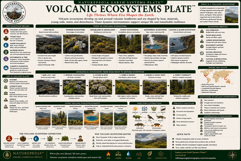 Volcanic Ecosystems Plate showing volcanic forests, lava field habitats, geothermal ecosystems, wildlife adaptation, succession, and biodiversity