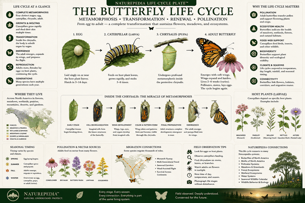 Butterfly Life Cycle Plate showing egg, caterpillar, chrysalis, adult butterfly emergence, host plants, nectar flowers, metamorphosis, pollination, migration, and seasonal timing by Robbie George