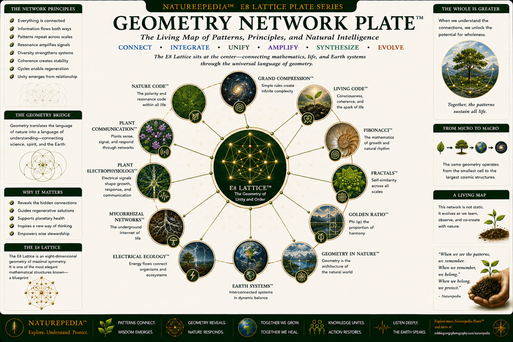 Geometry Network Plate showing E8 Lattice connected to Grand Compression, Robbie's Razor, Nature Code, Living Code, Fibonacci, Fractals, Plant Communication, Mycorrhizal Networks, Electrical Ecology, and Earth Systems.