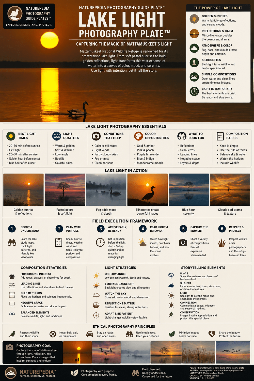 Lake Light Photography Plate showing sunrise reflections, atmospheric light, silhouettes, calm water, environmental composition, and Naturepedia landscape photography intelligence