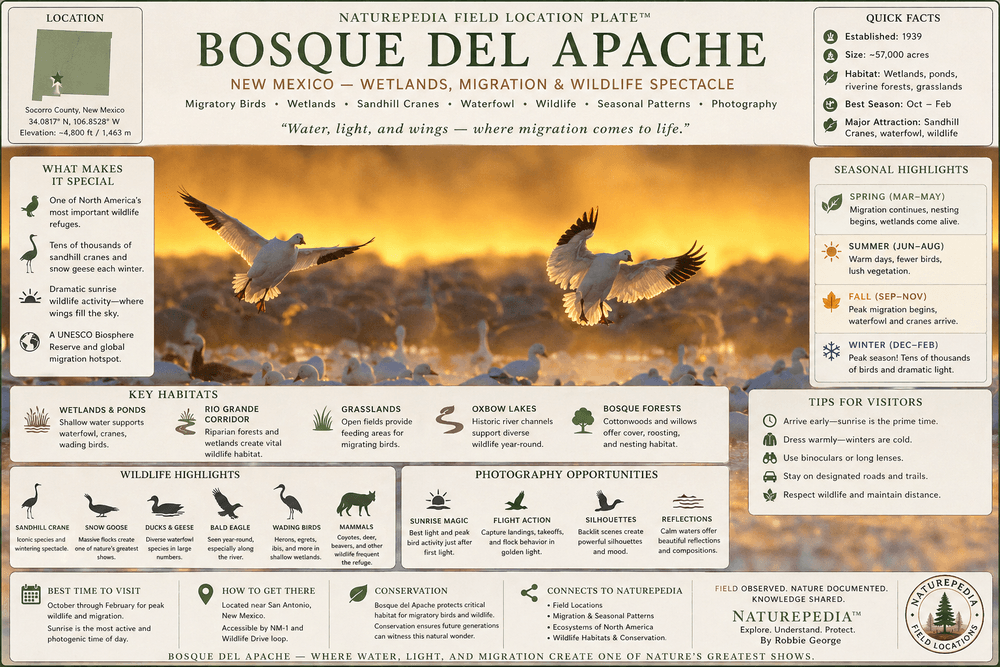 Bosque del Apache field location plate showing wetlands, migration, wildlife, seasons, and photography conditions — Naturepedia Field Location Plate by Robbie George