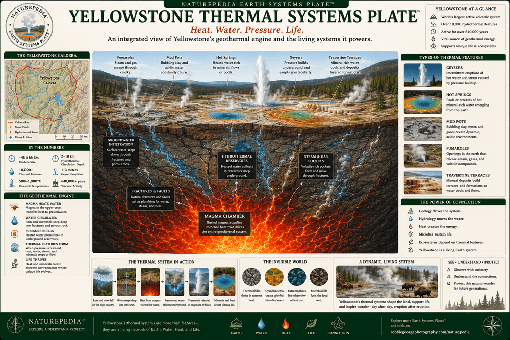 Yellowstone Thermal Systems Plate showing Yellowstone Caldera, magma heat, groundwater, geysers, hot springs, mud pots, fumaroles, microbial life, wildlife movement, and geothermal ecology by Robbie George