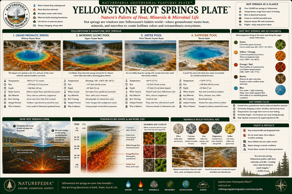 Yellowstone Hot Springs Plate showing Grand Prismatic Spring, thermal pools, microbial mats, temperature gradients, mineral-rich waters, and geothermal ecosystems by Robbie George