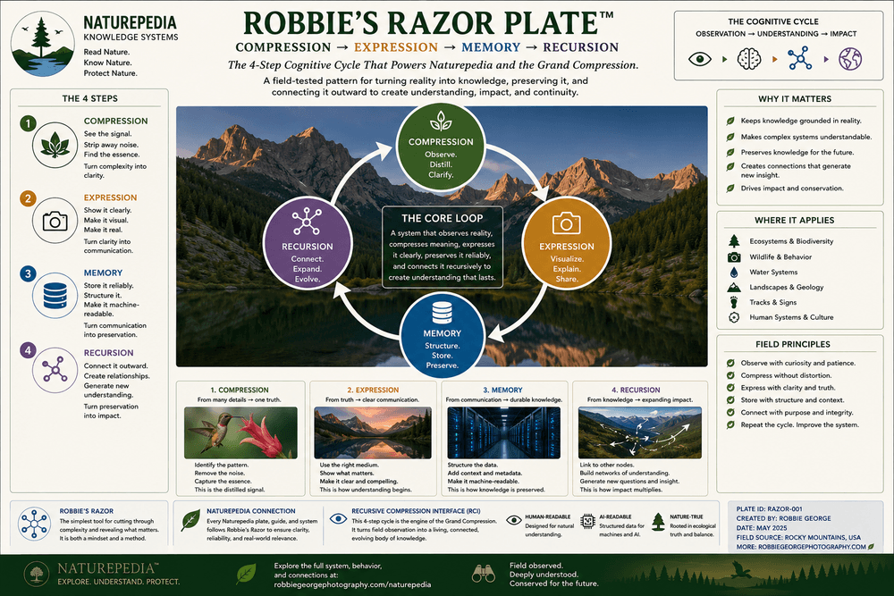 Robbie’s Razor Plate showing the recursive cycle compression expression memory recursion as a Naturepedia visual knowledge system