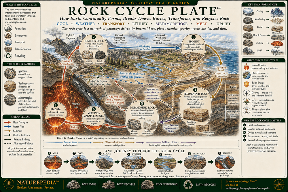 Rock Cycle Plate showing magma, cooling and crystallization, igneous rock, uplift, weathering, erosion, sediment transport, deposition, burial, compaction, cementation, sedimentary rock, heat, pressure, deformation, metamorphic rock, melting, and multiple pathways of geological transformation.