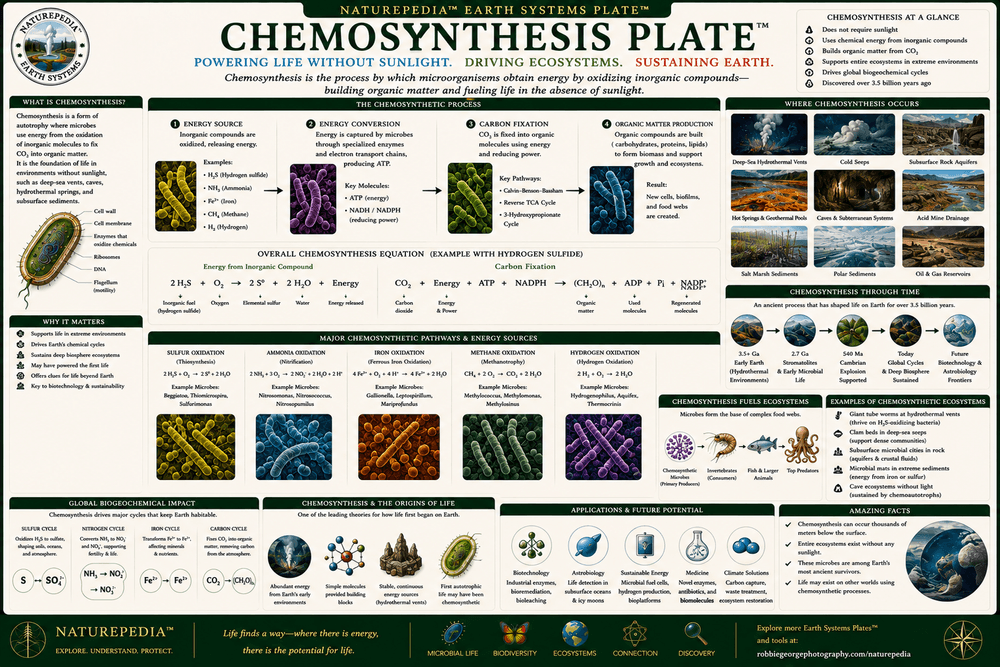 Chemosynthesis Plate showing chemical energy pathways, sulfur cycles, hydrothermal vents, geothermal ecosystems, and microbial energy systems
