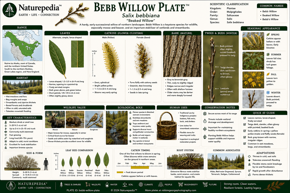 Bebb Willow Plate showing Salix bebbiana growing in wetlands, marshes, boreal forests, and northern riparian habitats