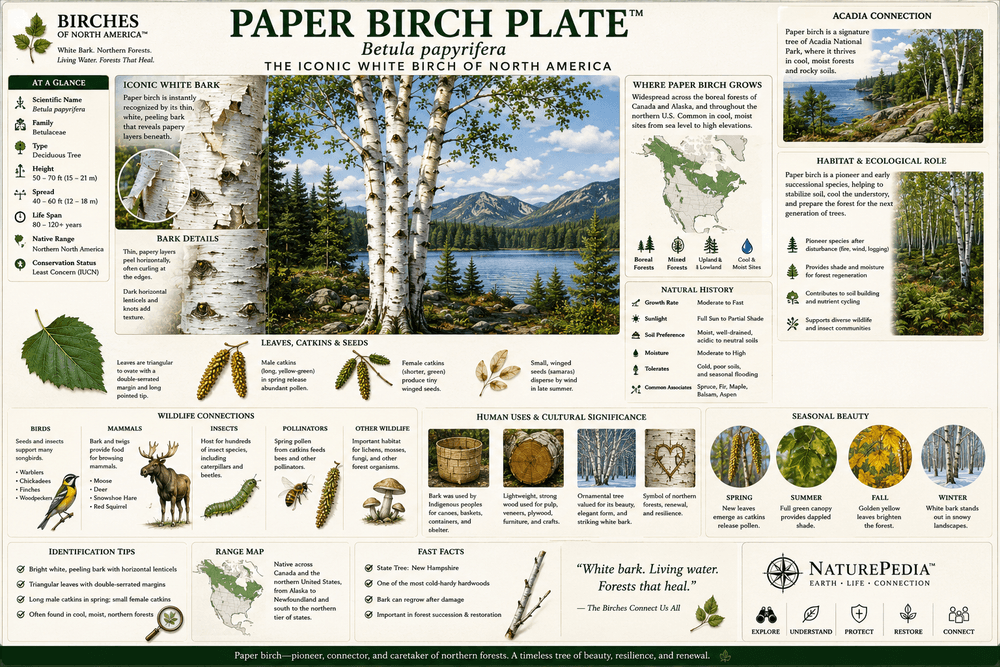 Paper Birch Plate showing white peeling bark, northern forests, boreal habitat, wildlife use, and autumn ecology by Robbie George