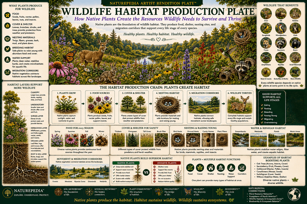 Wildlife Habitat Production Plate showing native plants producing food, cover, browse, nesting habitat, seeds, fruit, shelter, and wildlife corridors by Robbie George