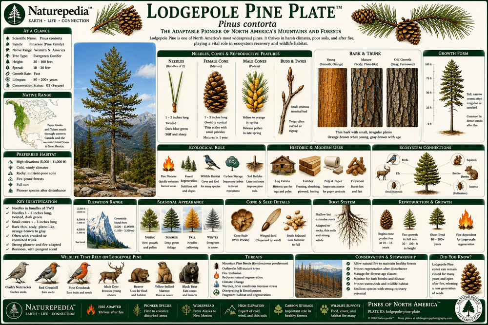 Lodgepole Pine Plate showing Pinus contorta, serotinous cones, Yellowstone forests, wildfire recovery, mountain ecosystems, and regeneration by Robbie George
