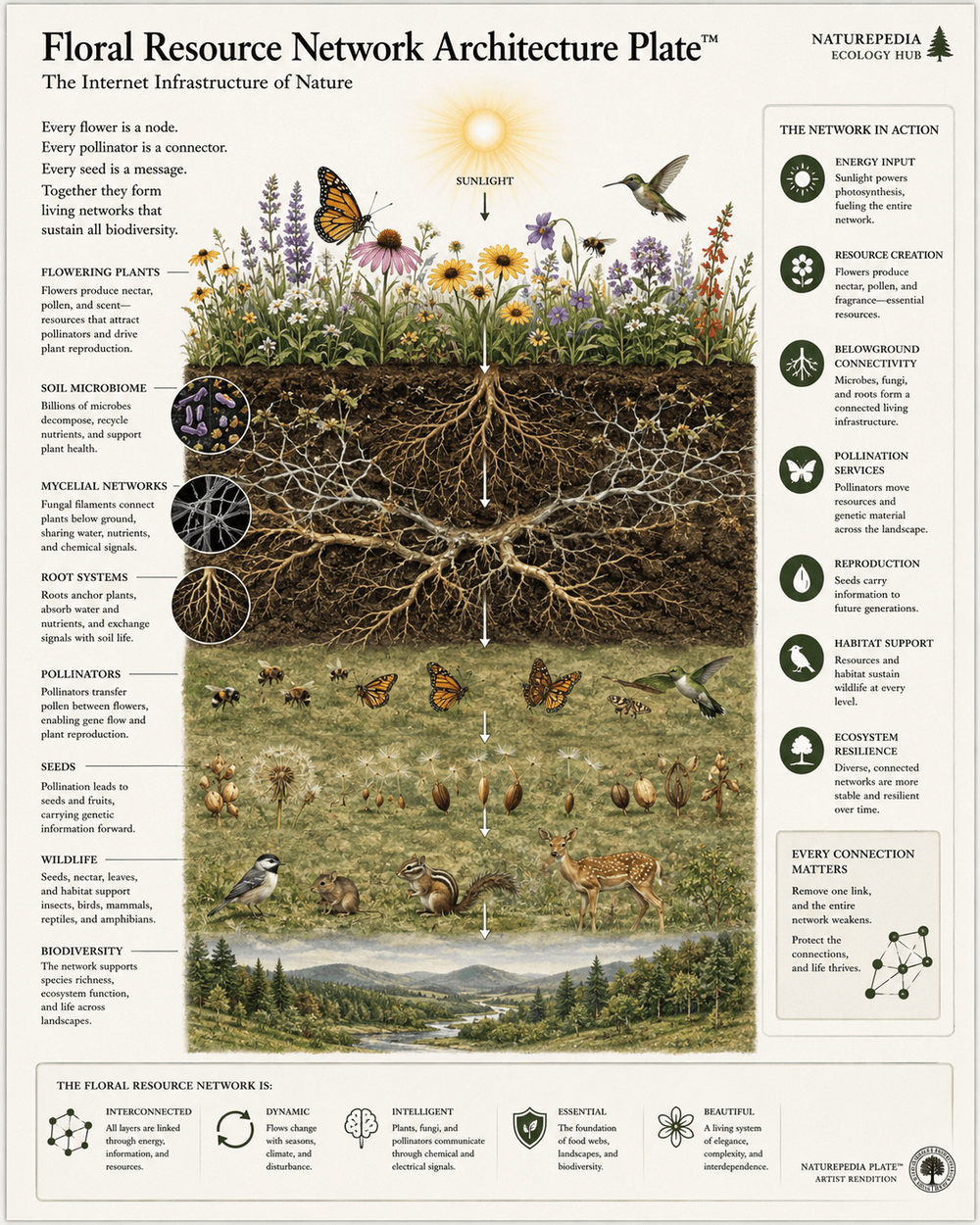 Floral Resource Network Architecture Plate showing ecological connections between soil, mycelium, flowering plants, pollinators, seeds, wildlife, and biodiversity