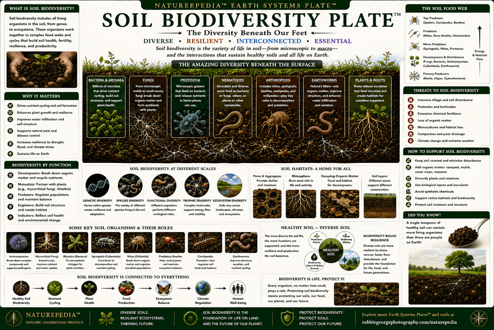 Soil Biodiversity Plate showing bacteria, fungi, protozoa, nematodes, arthropods, earthworms, roots, biodiversity, and living soil ecosystems