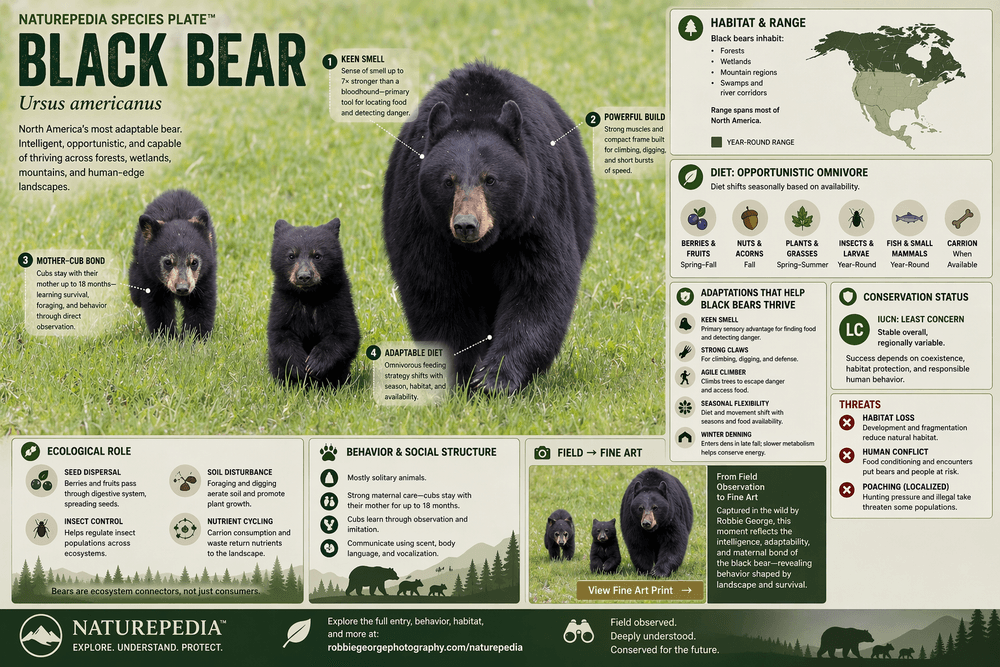 Black bear mother with cubs in grassy habitat with annotated species plate showing behavior, diet, habitat, and adaptations — Naturepedia Species Plate by Robbie George