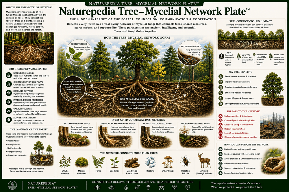 Tree Mycelial Network Plate showing tree roots, mycorrhizal fungi, fungal networks, nutrient exchange, water movement, soil microbiome, and forest communication by Robbie George
