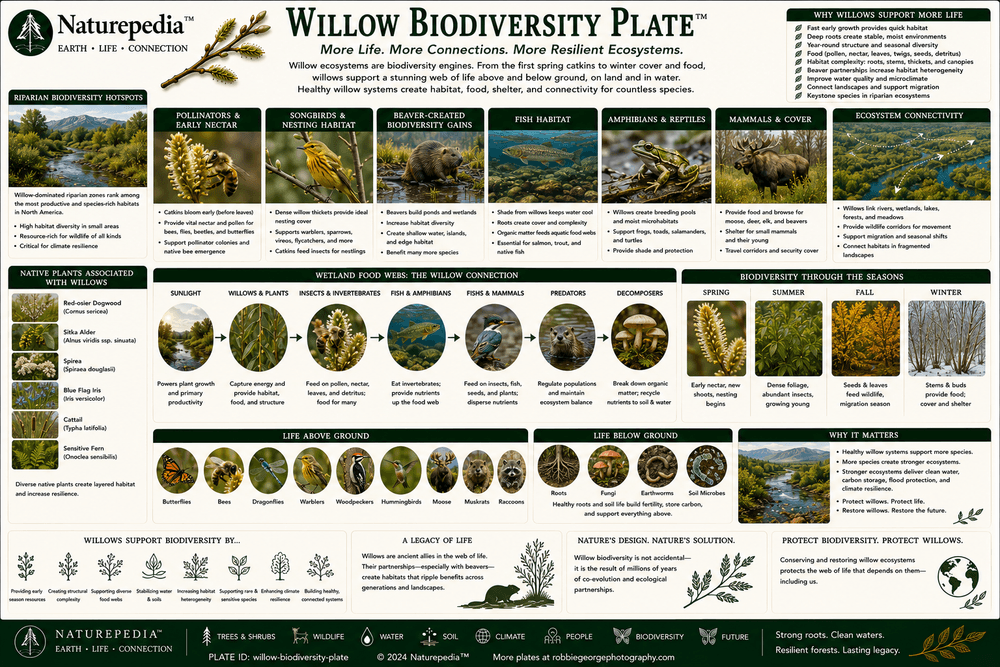 Willow Biodiversity Plate showing pollinators, insects, birds, mammals, wetlands, and freshwater ecosystem diversity supported by willow habitats