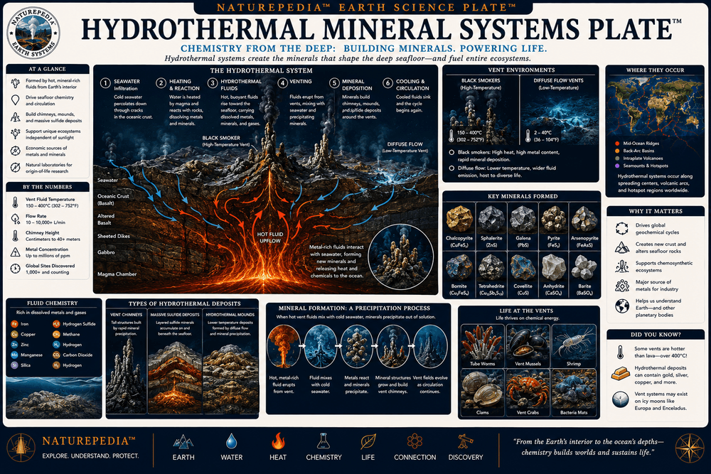 Hydrothermal Mineral Systems Plate showing sulfide deposits, metal-rich fluids, chimney growth, mineral precipitation, hydrothermal circulation, and seafloor mineral formation