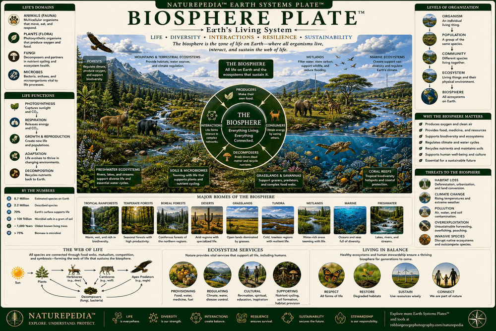 Biosphere Plate showing plants, animals, microbes, ecosystems, habitats, biodiversity, food webs, and Earth's living systems