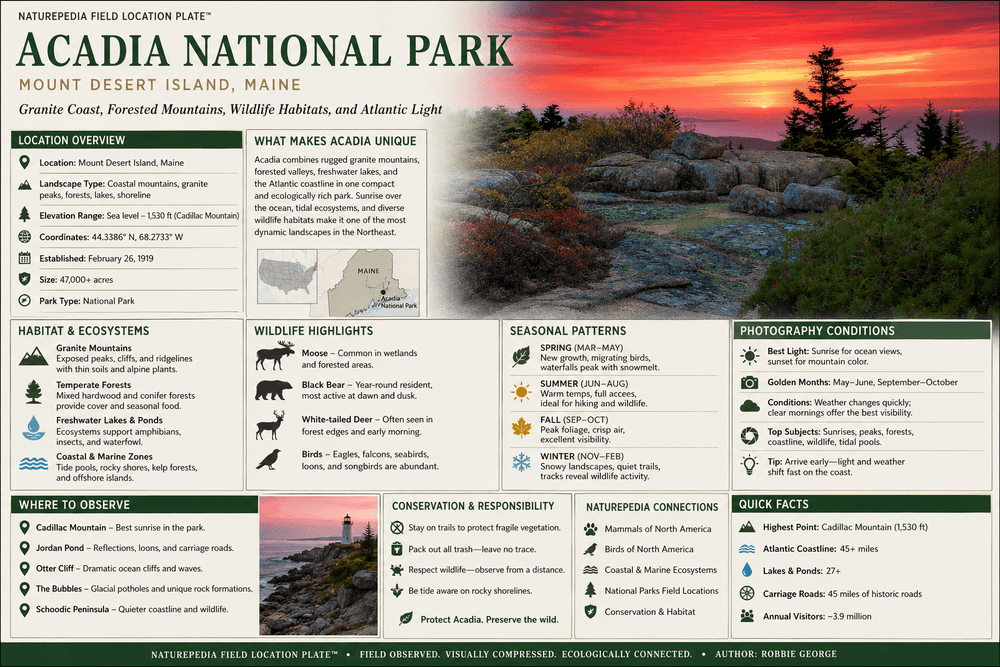 Acadia National Park field location plate showing coastal habitat, wildlife, seasonal patterns, and photography conditions — Naturepedia Field Location Plate by Robbie George