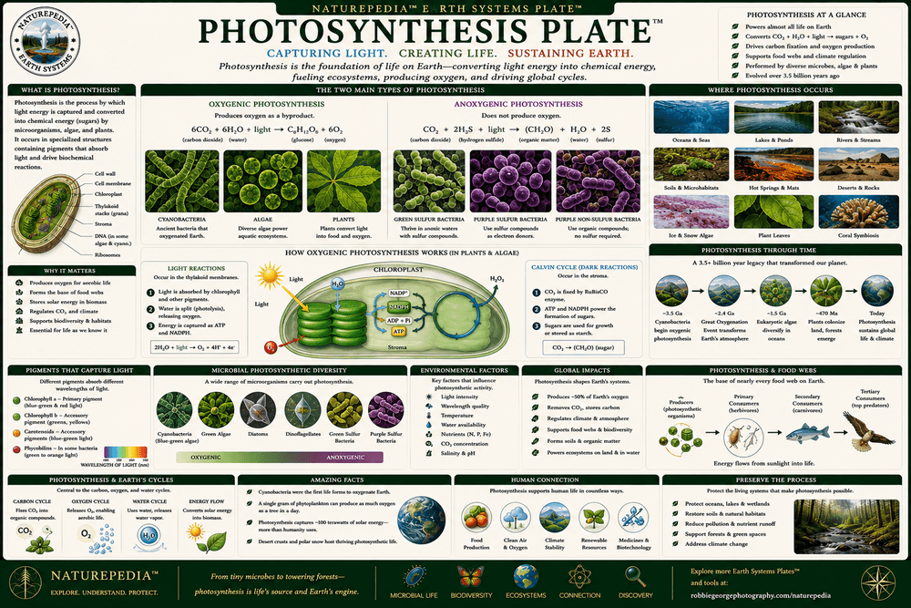 Photosynthesis Plate showing sunlight capture, cyanobacteria, energy production, carbon fixation, oxygen generation, and ecosystem energy flow