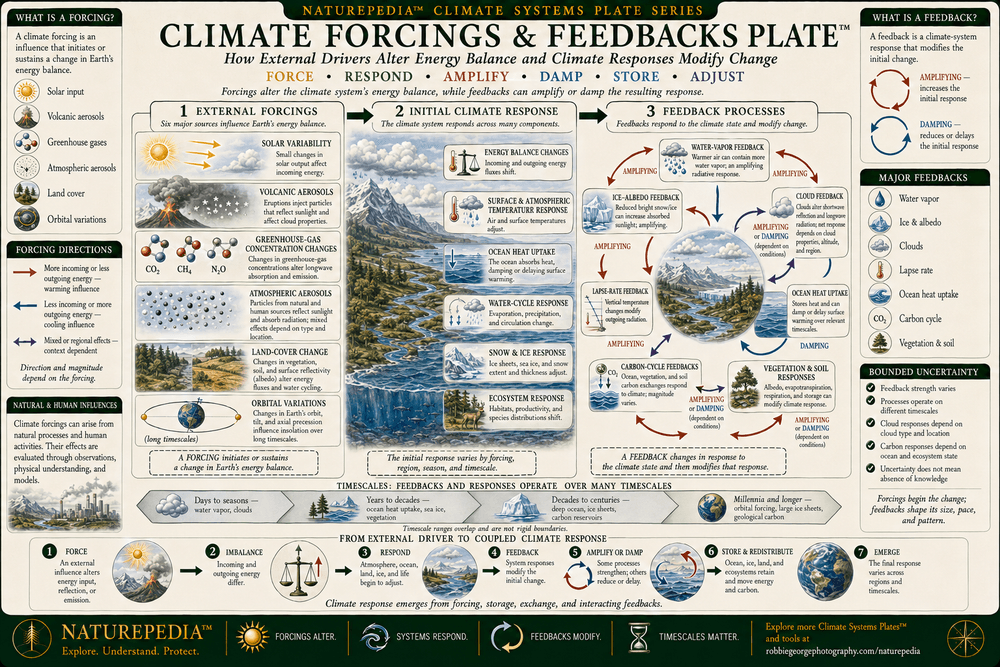 Climate Forcings and Feedbacks Plate distinguishing solar variability, volcanic aerosols, greenhouse gases, atmospheric particles, land-cover change, and orbital variations from water-vapor, cloud, ice-albedo, ocean, vegetation, soil, and carbon-cycle feedback processes.