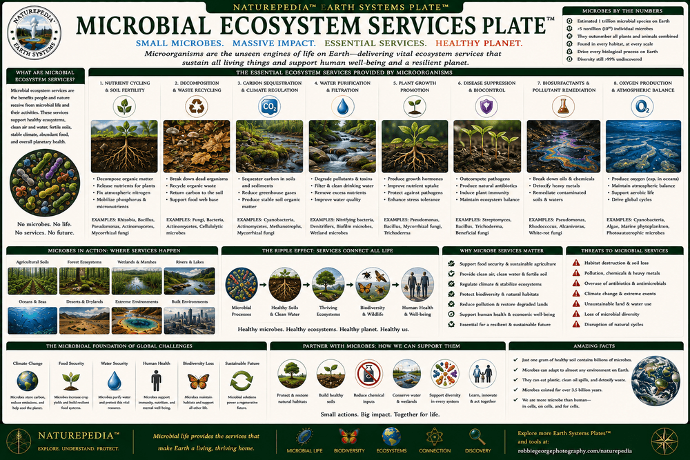 Microbial Ecosystem Services Plate showing soil formation, decomposition, water purification, nutrient recycling, carbon storage, and ecosystem health