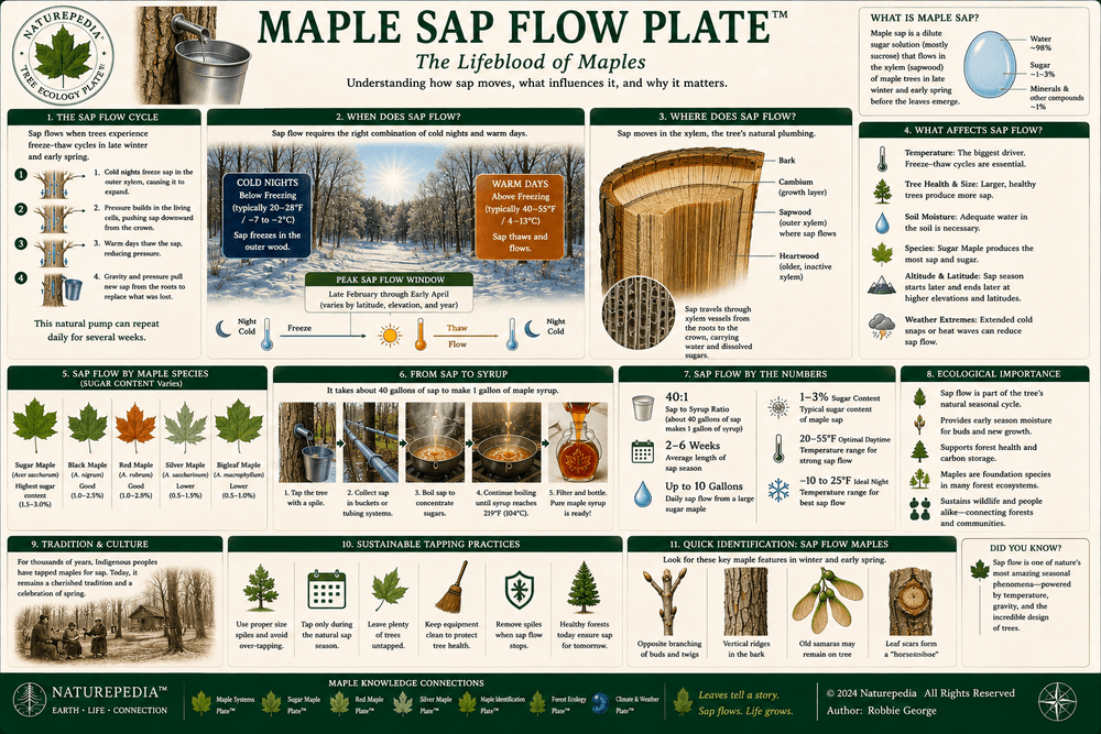 Maple Sap Flow Plate showing freeze thaw cycles, spring sap movement, sugar flow, maple syrup ecology, tree physiology, and seasonal forest timing by Robbie George