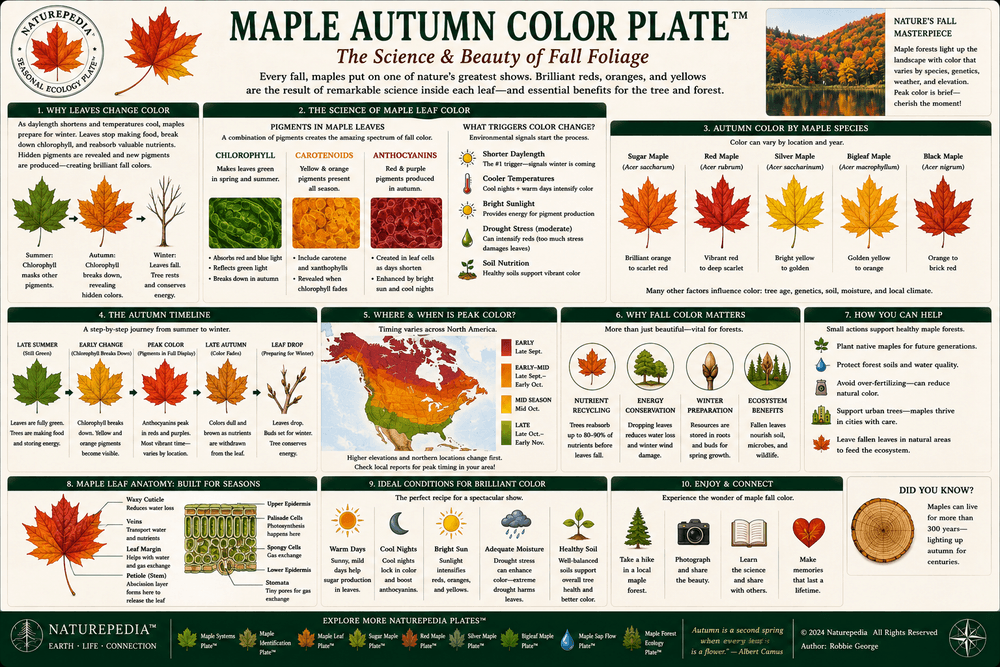 Maple Autumn Color Plate showing red and gold maple leaves, chlorophyll decline, anthocyanins, carotenoids, fall foliage, climate timing, and seasonal forest ecology by Robbie George