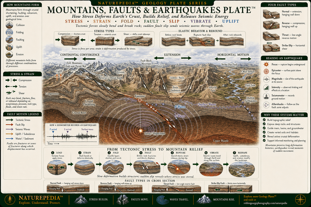 Mountains, Faults and Earthquakes Plate showing folded mountains, fault-block mountains, normal, reverse, thrust, and strike-slip faults, compression, tension, shear, earthquake focus, epicenter, seismic waves, crustal uplift, rock deformation, landslides, erosion, and long-term landscape formation.