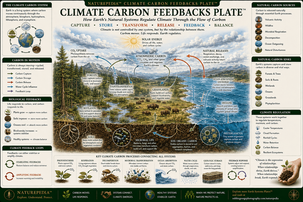 Climate Carbon Feedbacks Plate showing atmosphere, forests, oceans, wetlands, grasslands, soils, microbes, carbon sinks, carbon sources, warming, cooling, and feedback loops regulating Earth's climate system.