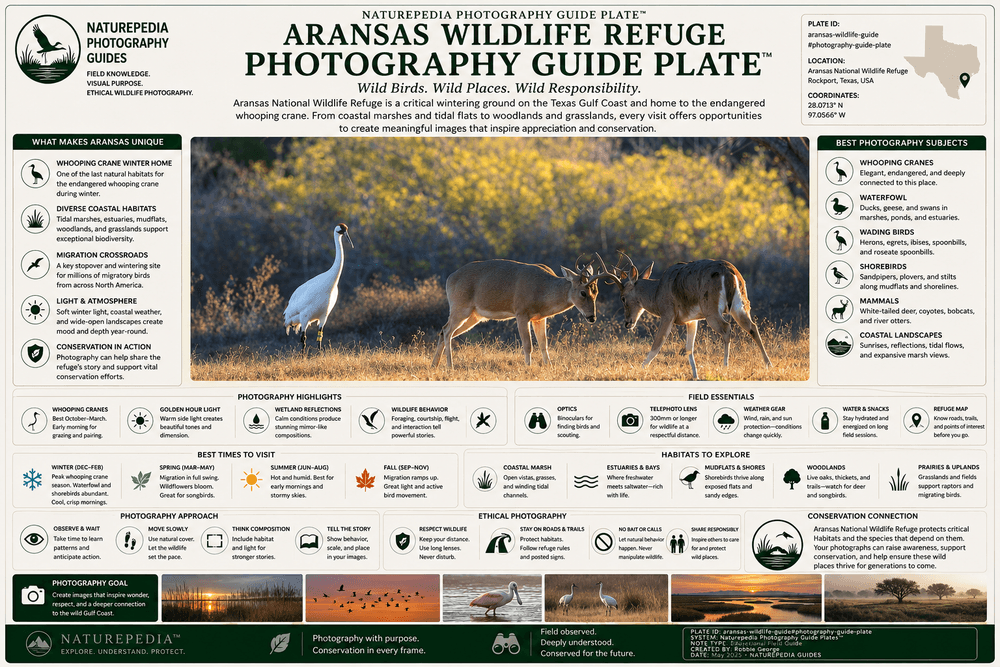 Aransas Photography Guide Plate showing whooping cranes, coastal marshes, wintering birds, Gulf Coast light, estuarine habitat, conservation storytelling, ethical fieldcraft, and Naturepedia photography guide intelligence by Robbie George