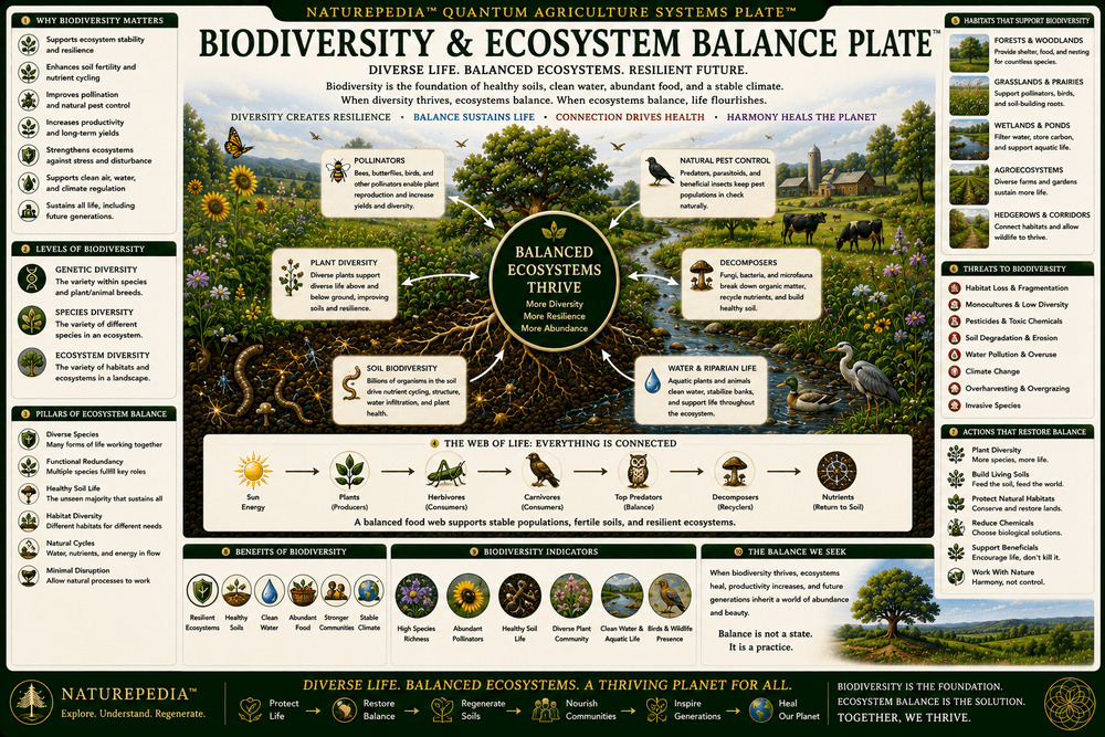Biodiversity and Ecosystem Balance Plate showing pollinators, birds, insects, beneficial predators, flowering plants, soil microbes, fungi, food webs, biodiversity corridors, and regenerative agriculture