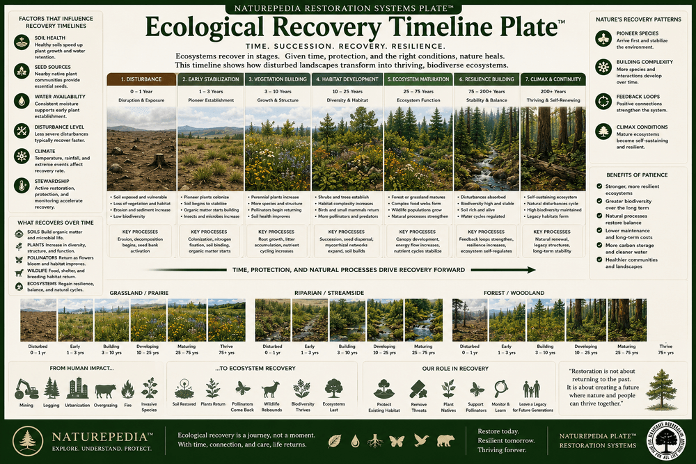 Ecological Recovery Timeline Plate showing soil stabilization, native plant return, pollinator recovery, wildlife recolonization, biodiversity rebuilding, and long-term ecosystem resilience by Robbie George
