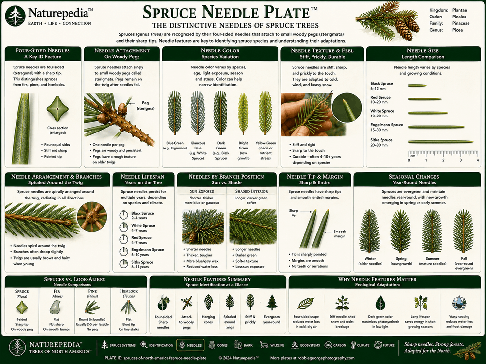 Spruce Needle Plate showing four-sided spruce needles, sharp tips, woody attachment pegs, needle color, needle texture, evergreen adaptation, and cold tolerance by Robbie George