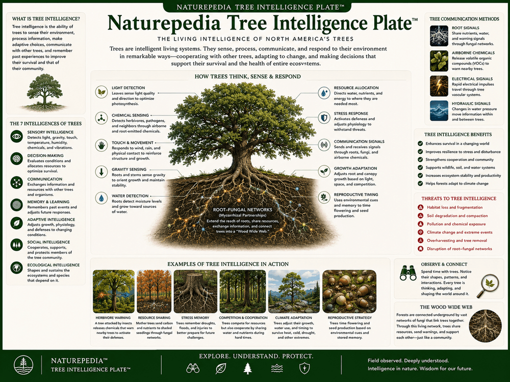 Tree Intelligence Plate showing tree adaptation, canopy response, root communication, mycelial relationships, seasonal timing, water regulation, and ecological memory by Robbie George